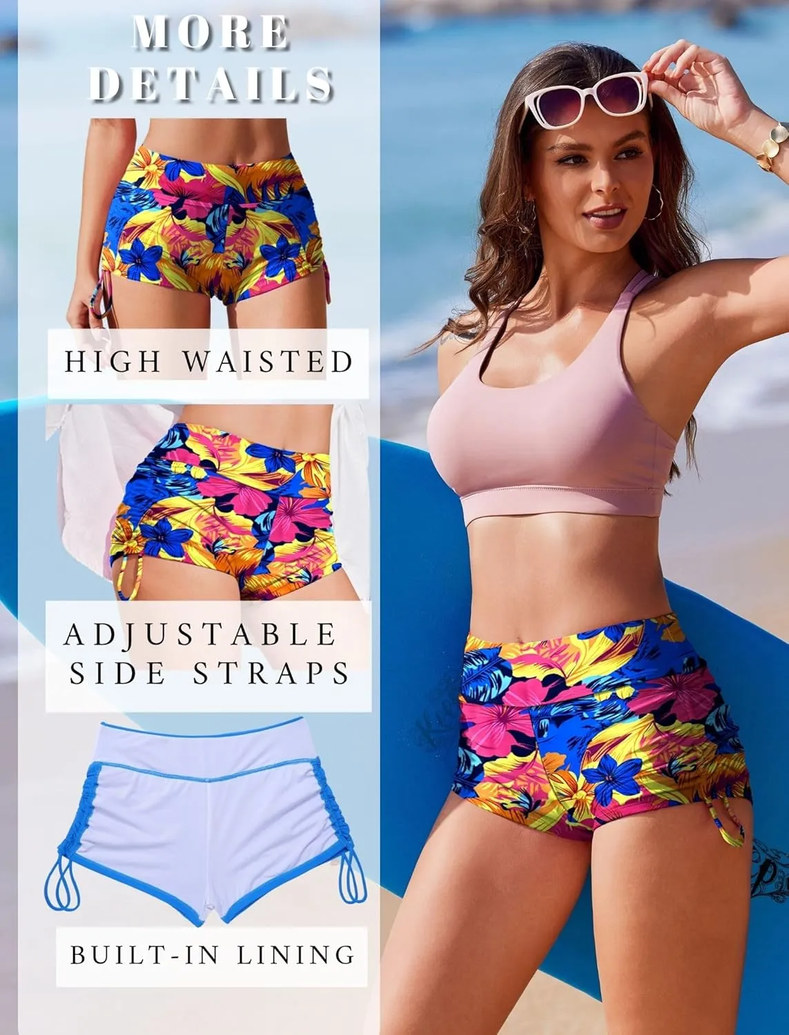 AI'MAGE Womens 3" Swim Board Shorts High Waisted Bathing Suit Bottoms Boy Shorts Adjustable Ruched Side Bikini Shorts S-XXL