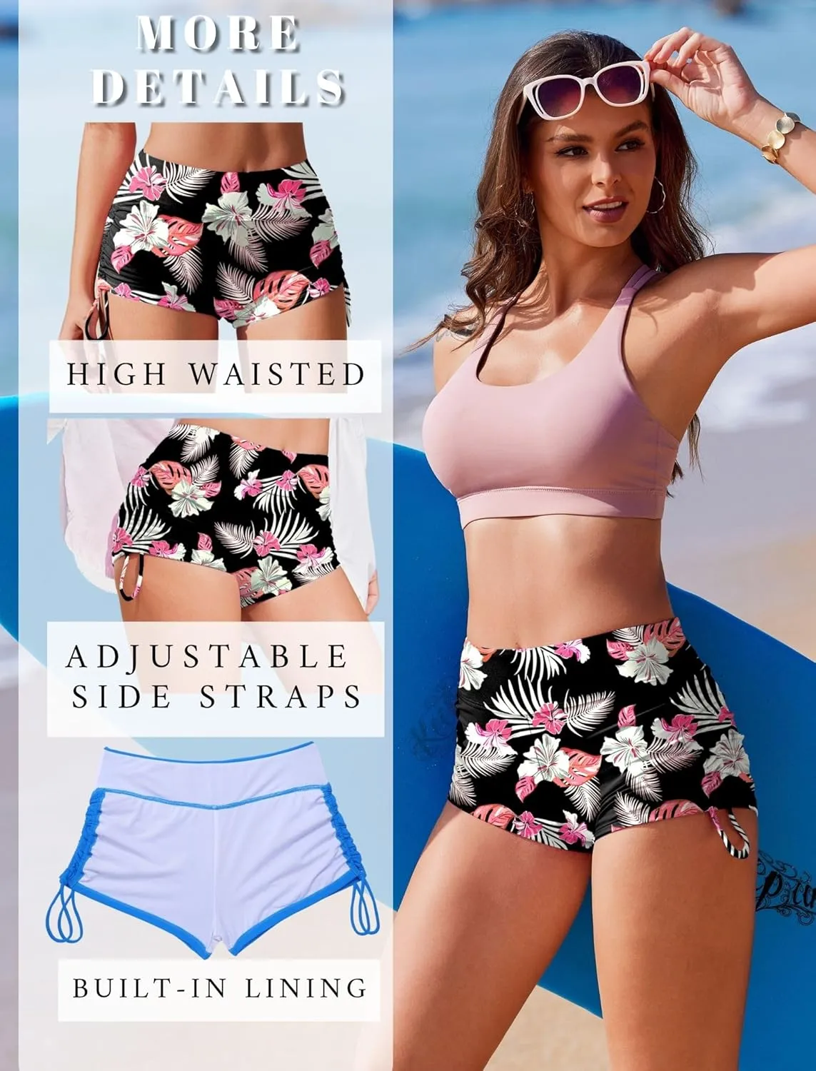 AI'MAGE Womens 3" Swim Board Shorts High Waisted Bathing Suit Bottoms Boy Shorts Adjustable Ruched Side Bikini Shorts S-XXL