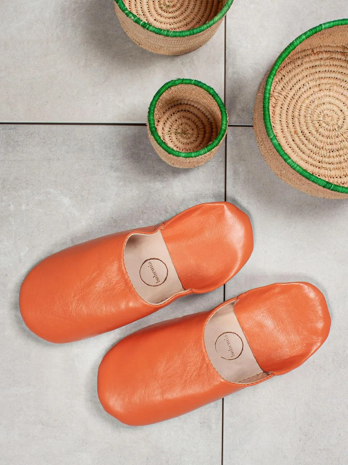 Bohemia Leather Babouche Slippers, Tangerine