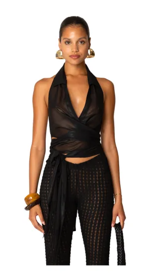 Womens Shiny Black Wrap Top - Stylish Daniella Design