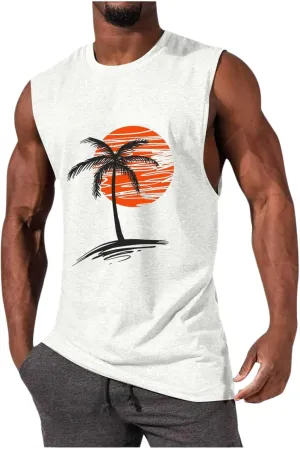 Mens Summer Beach Tank Top Hawaiian Palm Tree Print Sleeveless Muscle Basic Tee Vacation Tops
