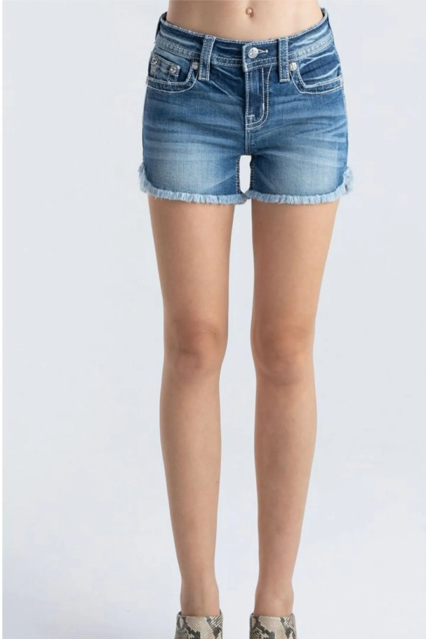 Miss Me Mid Rise Americana Star Wing Frayed Hem Short