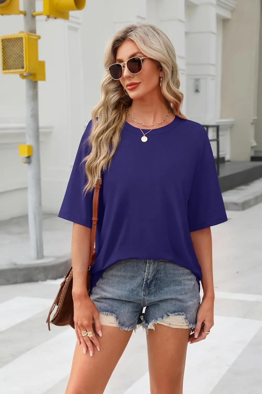 OFEEFAN Summer Tops for Women 2025 Short Sleeve Shirts Dressy Casual Crew Neck Tshirts Fashion