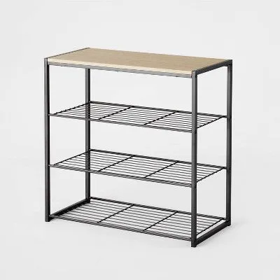 Open Box - 4 Tier Shoe Rack Black Metal with Natural Wood - Brightroom