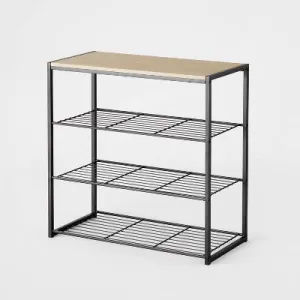 Open Box - 4 Tier Shoe Rack Black Metal with Natural Wood - Brightroom