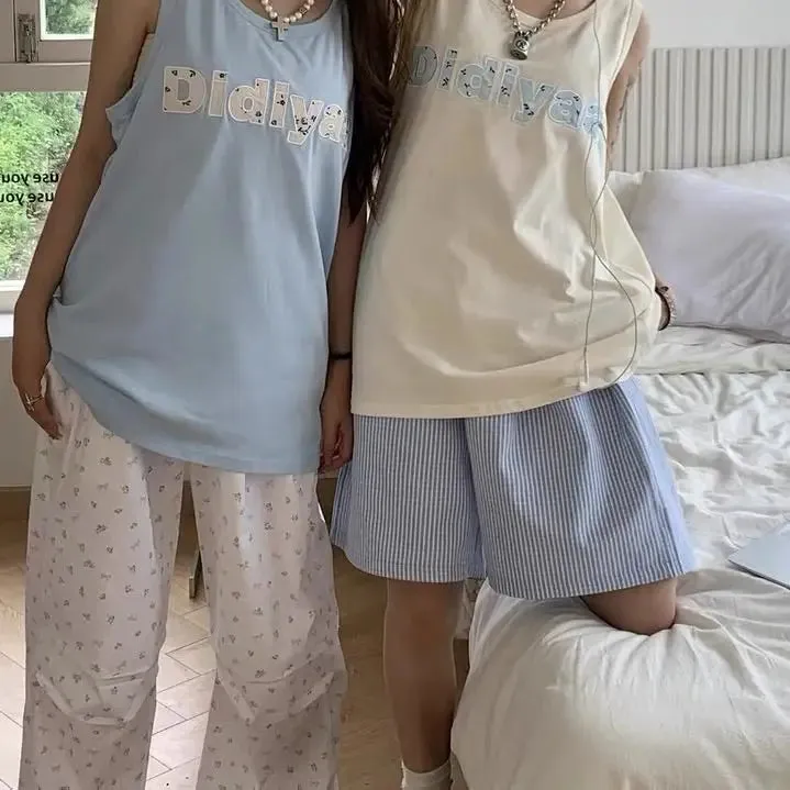 TAVIMART  -  Summer New American Retro Thin Striped Embroidered Shorts Elastic Waist Capris Versatile Loose Casual Fifth Shorts Women Trend