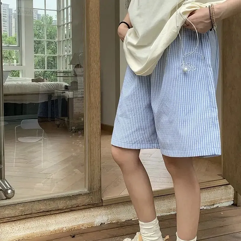 TAVIMART  -  Summer New American Retro Thin Striped Embroidered Shorts Elastic Waist Capris Versatile Loose Casual Fifth Shorts Women Trend
