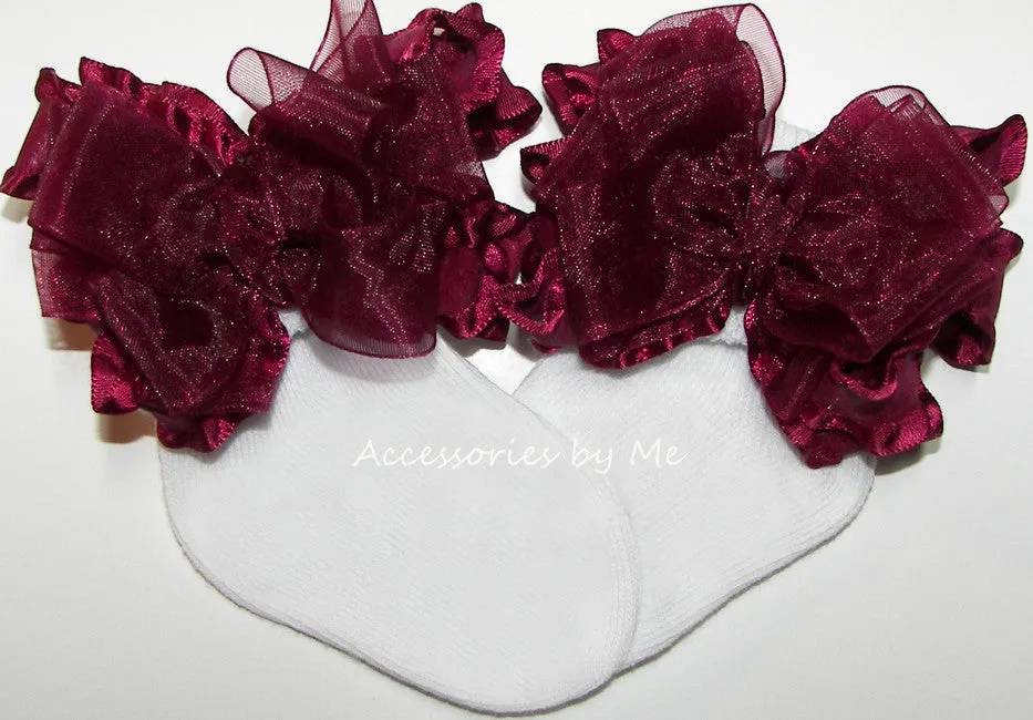 Wine Organza Ruffle Bow Socks