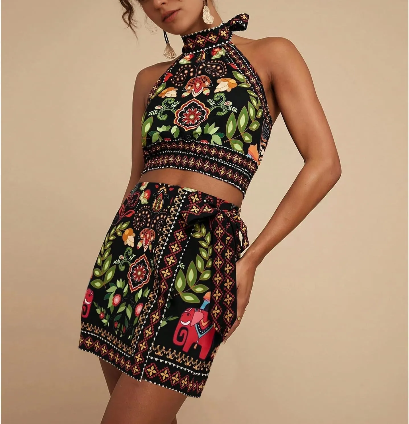 Womens Summer Floral Wrap Short Skirt Tie Side High Waist A Line Beach Vacation Boho Mini Skirt